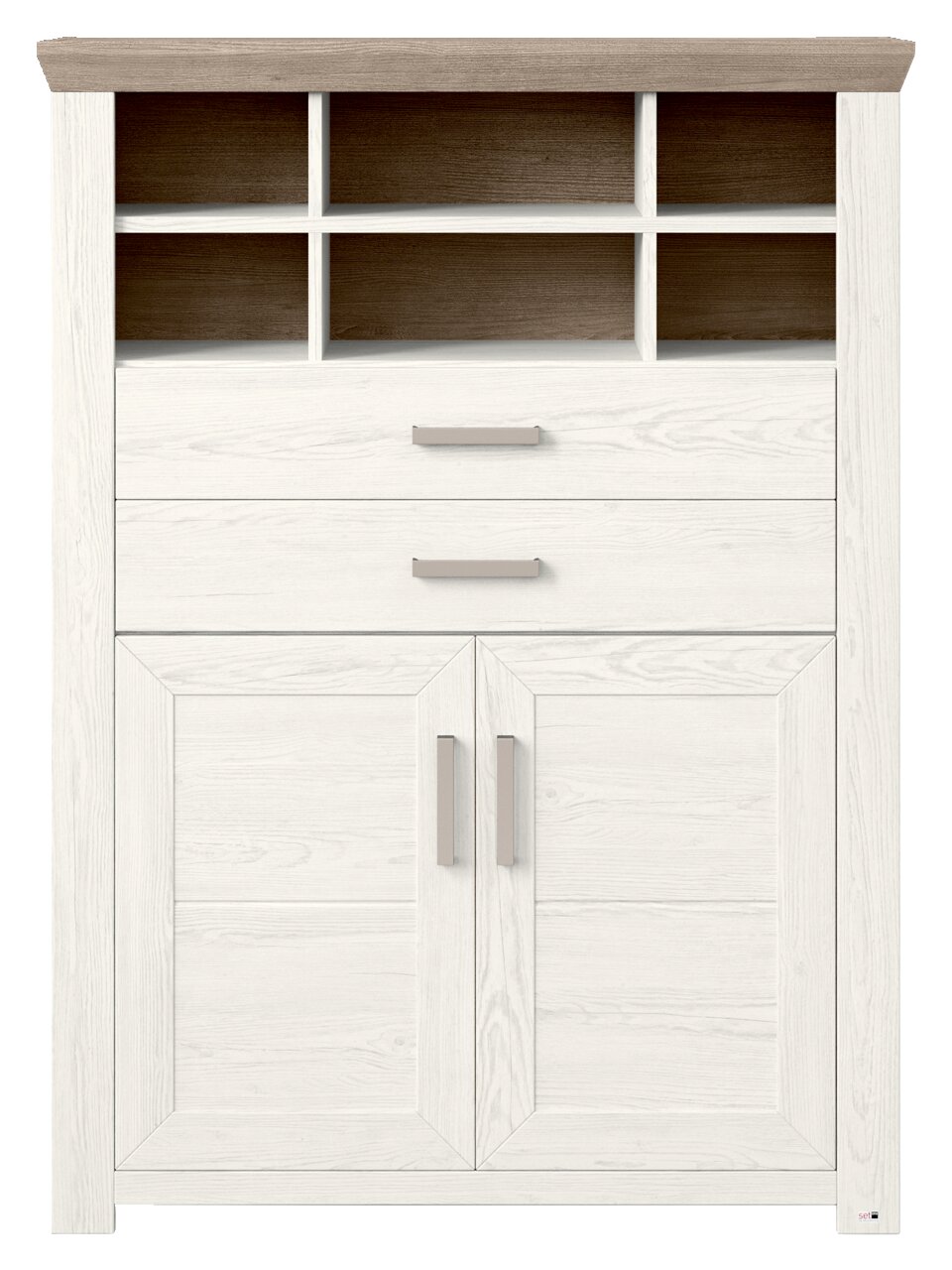 Weißes Highboard mit Holzoptik, zwei Schubladen und vier offenen Fächern, Frontalansicht