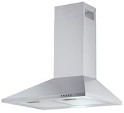 Silberne Dunstabzugshaube in Frontalansicht mit Bedienelementen an der Vorderseite.