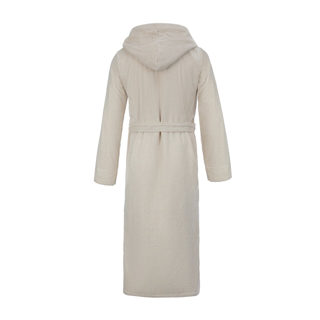 Rückansicht eines cremefarbenen Kapuzenbademantels in Größe S mit Gürtel.