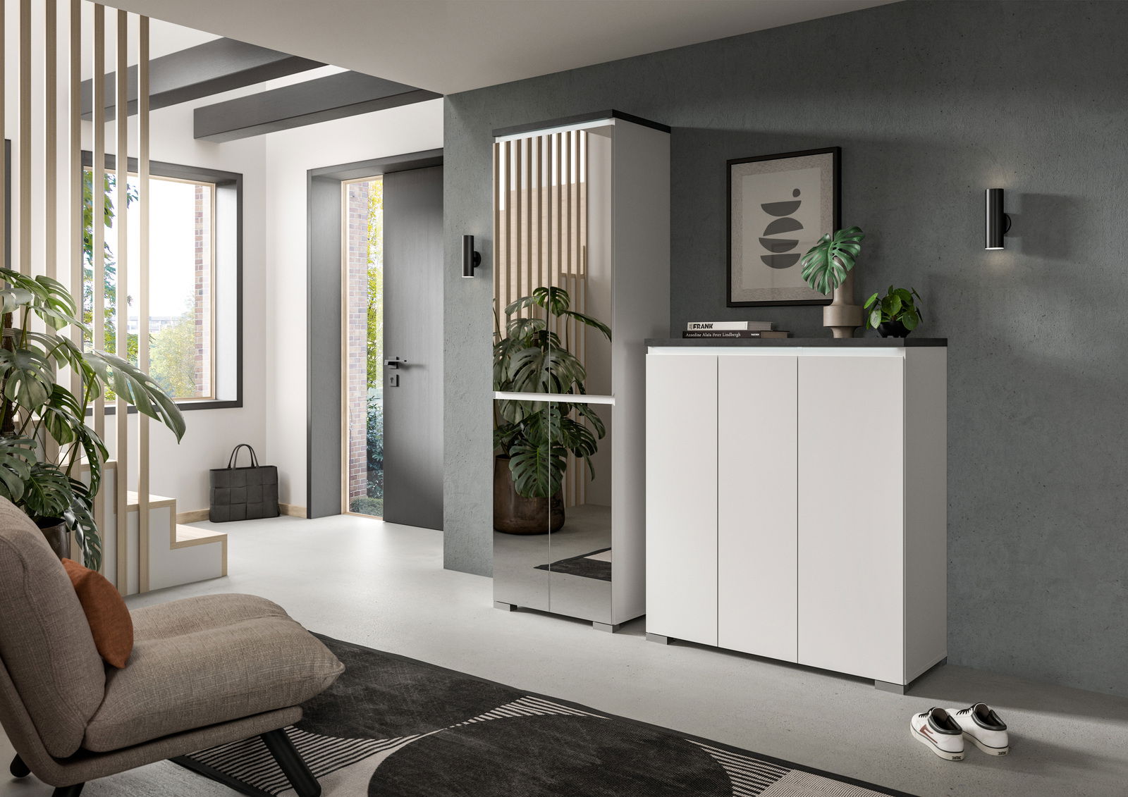 MID.YOU Schuhschrank SHOELOVE Moderner Schuhschrank in einem stilvollen Flur, frontal betrachtet, mit weißer Oberfläche und Spiegel.