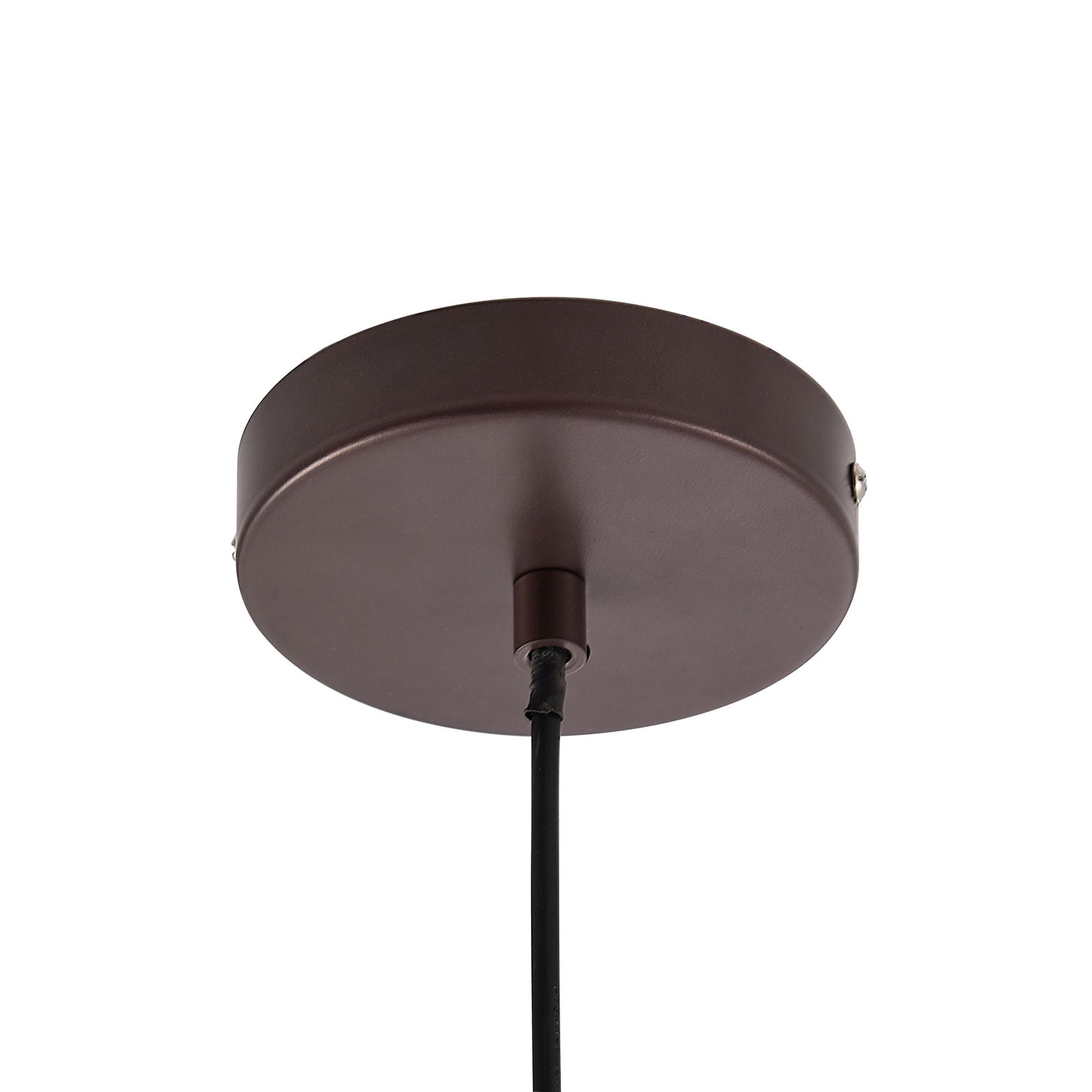 Ansicht von unten auf die runde, braune Deckenhalterung einer Hängeleuchte mit schwarzem Kabel.