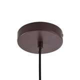 Ansicht von unten auf die runde, braune Deckenhalterung einer Hängeleuchte mit schwarzem Kabel.