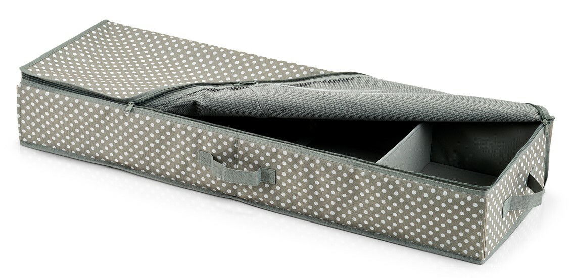 Geschenkpapier-Organizer aus Poly mit grauem Punktmuster, geöffnete Perspektive zeigt Innenfächer und Reißverschluss.