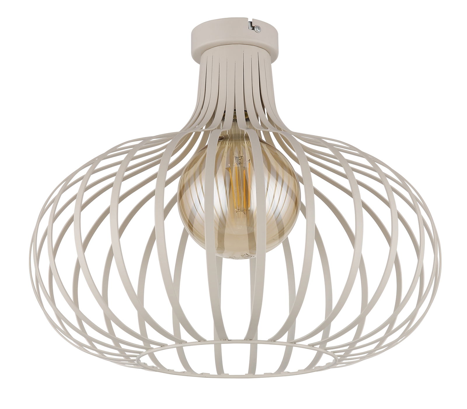 Moderne Deckenleuchte mit weißem, käfigartigem Design und sichtbarer Glühbirne, seitliche Perspektive