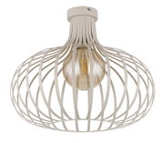 Moderne Deckenleuchte mit weißem, käfigartigem Design und sichtbarer Glühbirne, seitliche Perspektive