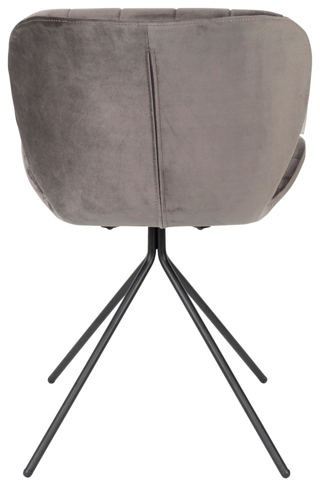 Rückansicht eines modernen Stuhls mit grauem Stoffbezug und schwarzen Metallbeinen.