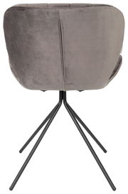 Rückansicht eines modernen Stuhls mit grauem Stoffbezug und schwarzen Metallbeinen.