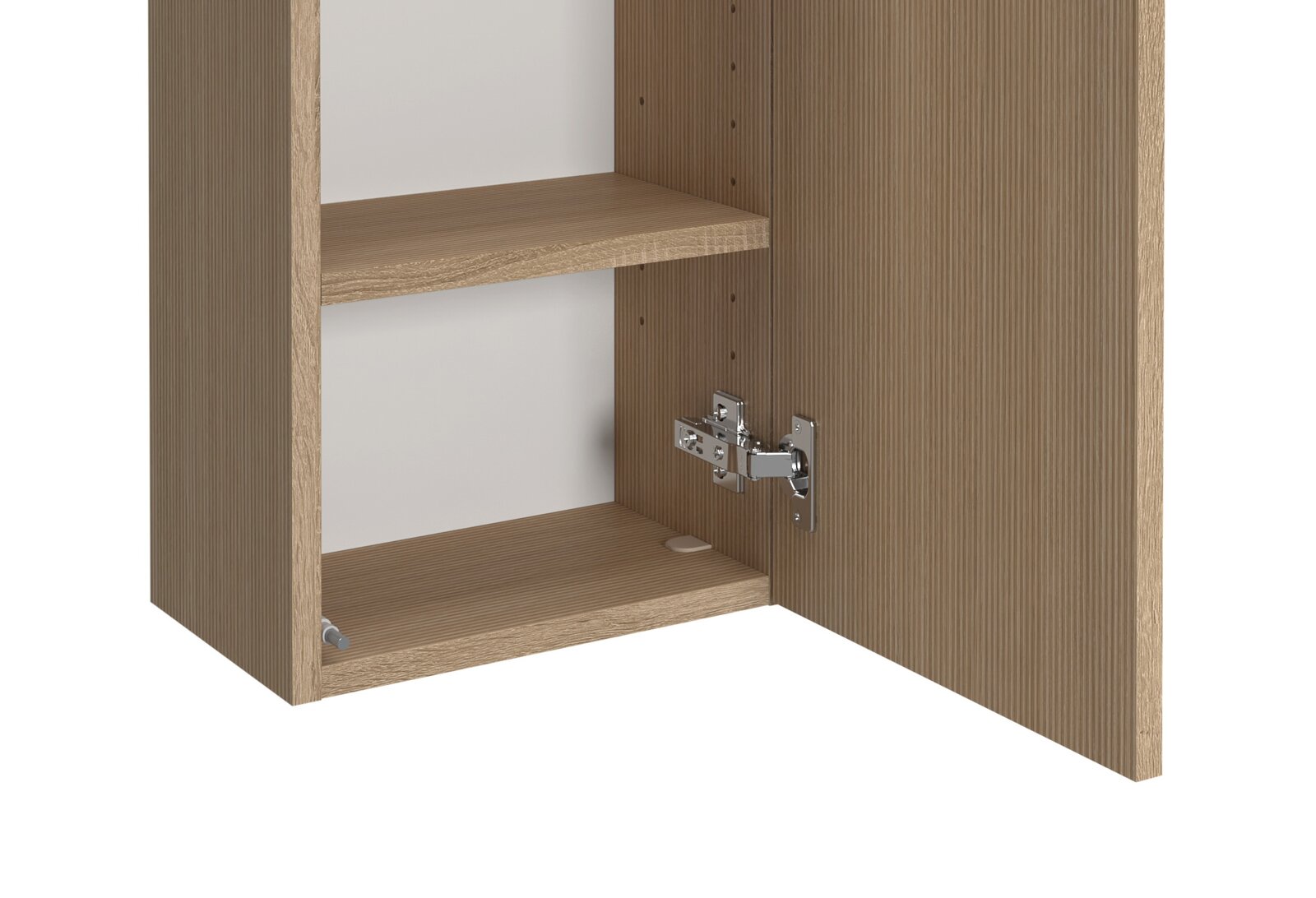 Hängeschrank aus Holz mit geöffneter Tür, seitliche Perspektive
