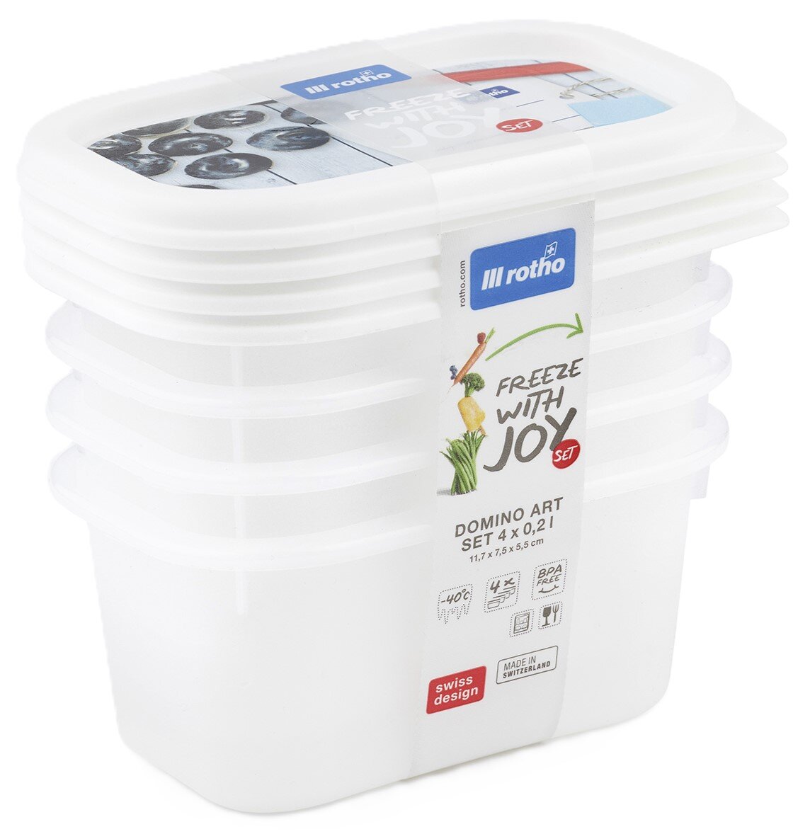 Rotho „Freeze with Joy“ Domino Art Gefrierdosen-Set (4 x 0,2 l) aus weißem Kunststoff mit Deckeln, schräg von vorne in leichter Seitenansicht fotografiert.