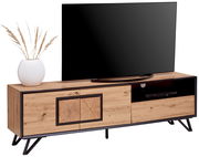 TV-Lowboard aus Holz mit Metallrahmen, links ein weißer Keramiktopf mit Gräsern, rechts ein Fernseher, seitliche Perspektive