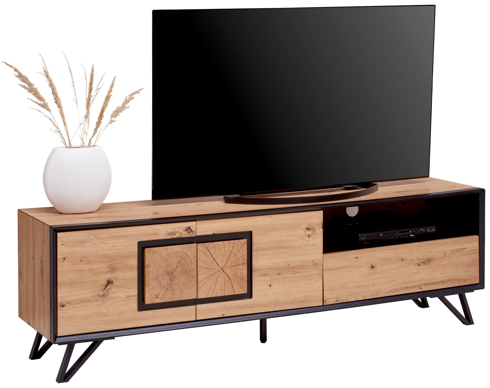 TV-Lowboard aus Holz mit Metallrahmen, links ein weißer Keramiktopf mit Gräsern, rechts ein Fernseher, seitliche Perspektive