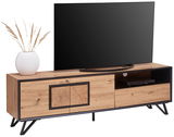 TV-Lowboard aus Holz mit Metallrahmen, links ein weißer Keramiktopf mit Gräsern, rechts ein Fernseher, seitliche Perspektive