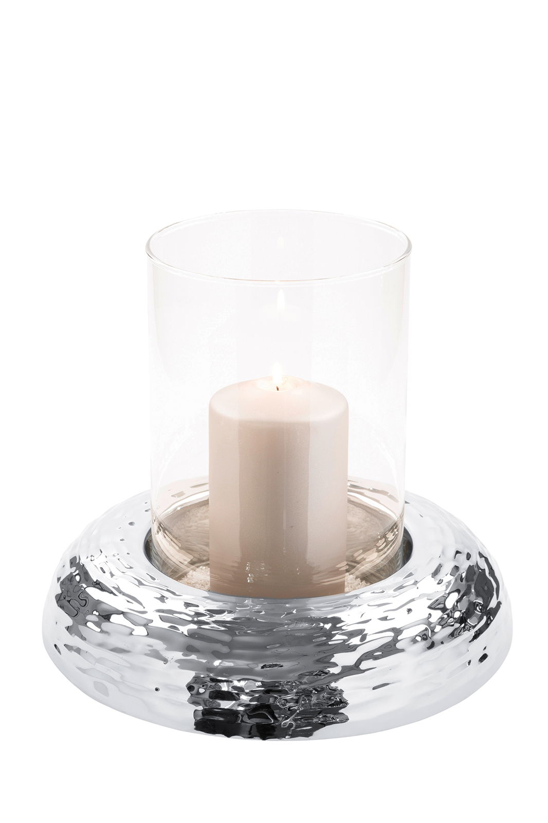 Fink Windlicht mit Glas ALDO Windlicht mit Glas und brennender Kerze auf einem silbernen, strukturierten Sockel, seitliche Perspektive