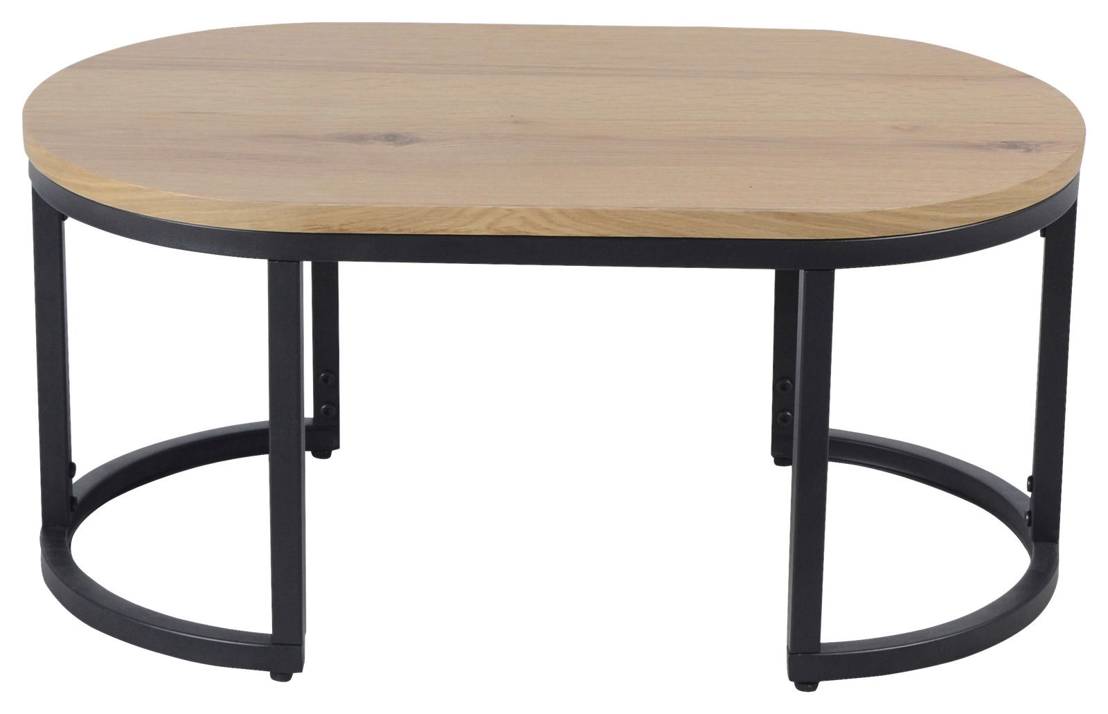 Moderner Couchtisch mit ovaler Holzplatte und schwarzem Metallgestell, seitliche Perspektive