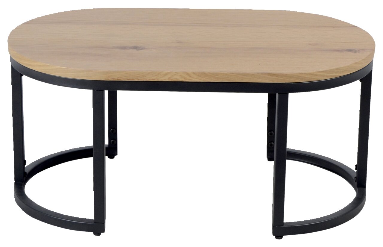 Moderner Couchtisch mit ovaler Holzplatte und schwarzem Metallgestell, seitliche Perspektive