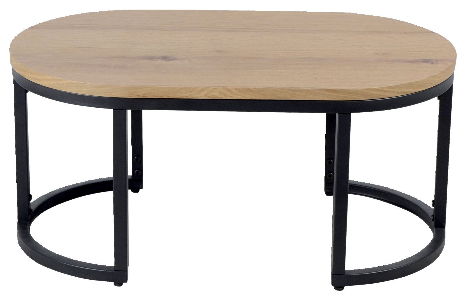 Moderner Couchtisch mit ovaler Holzplatte und schwarzem Metallgestell, seitliche Perspektive