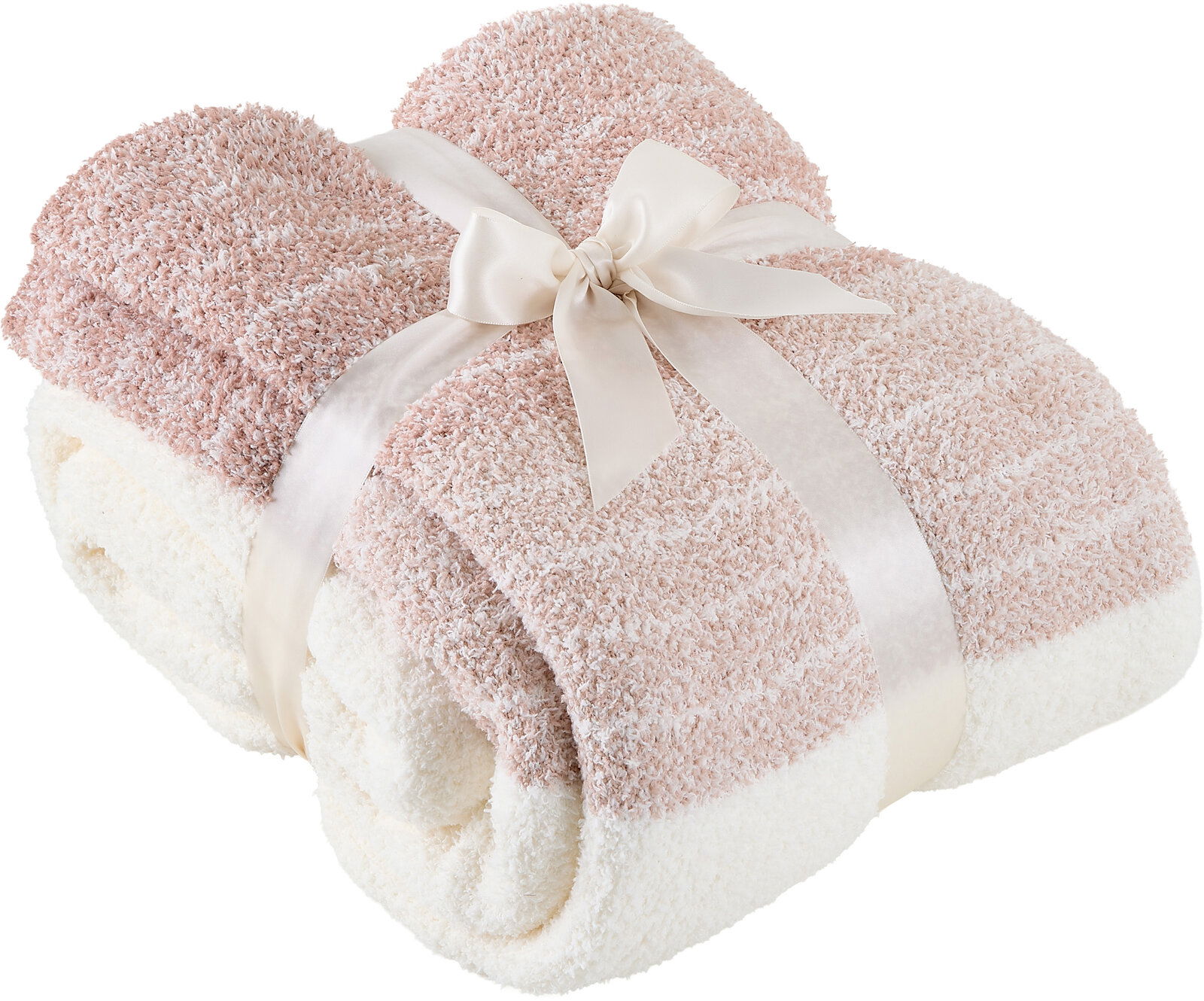 Weiche, rosa-weiße Wohndecke 150x200cm, dekorativ mit einer Schleife gebunden, aus der Vogelperspektive fotografiert.