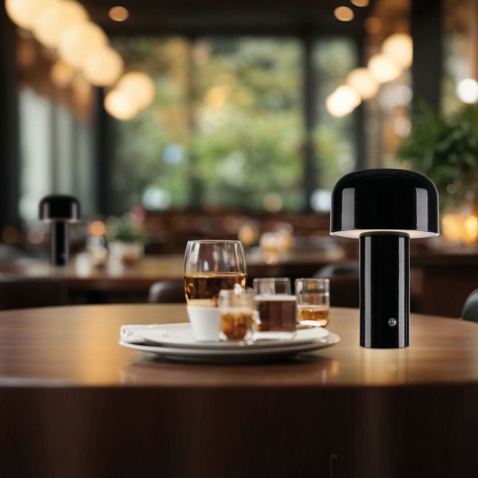 Schwarze Akku-Tischleuchte AGNES auf einem gedeckten Tisch in einem gemütlichen Restaurant, seitliche Perspektive.