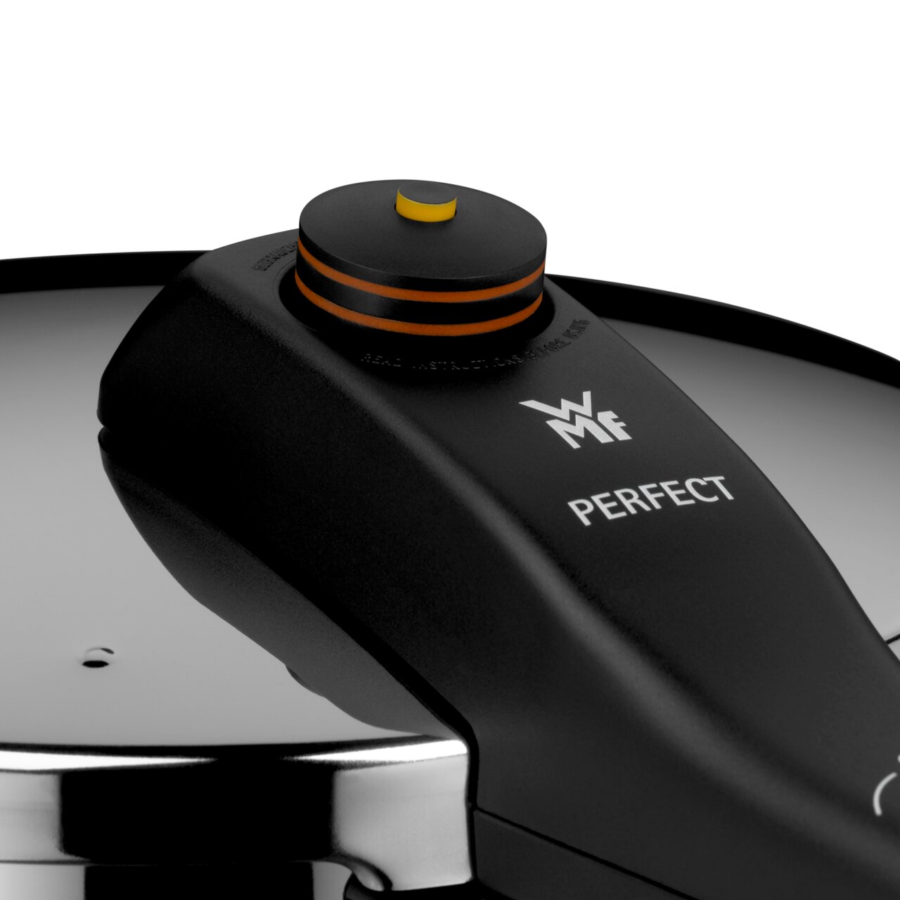 Close-up van het deksel van een snelkookpan met het WMF-logo en een drukmeter.