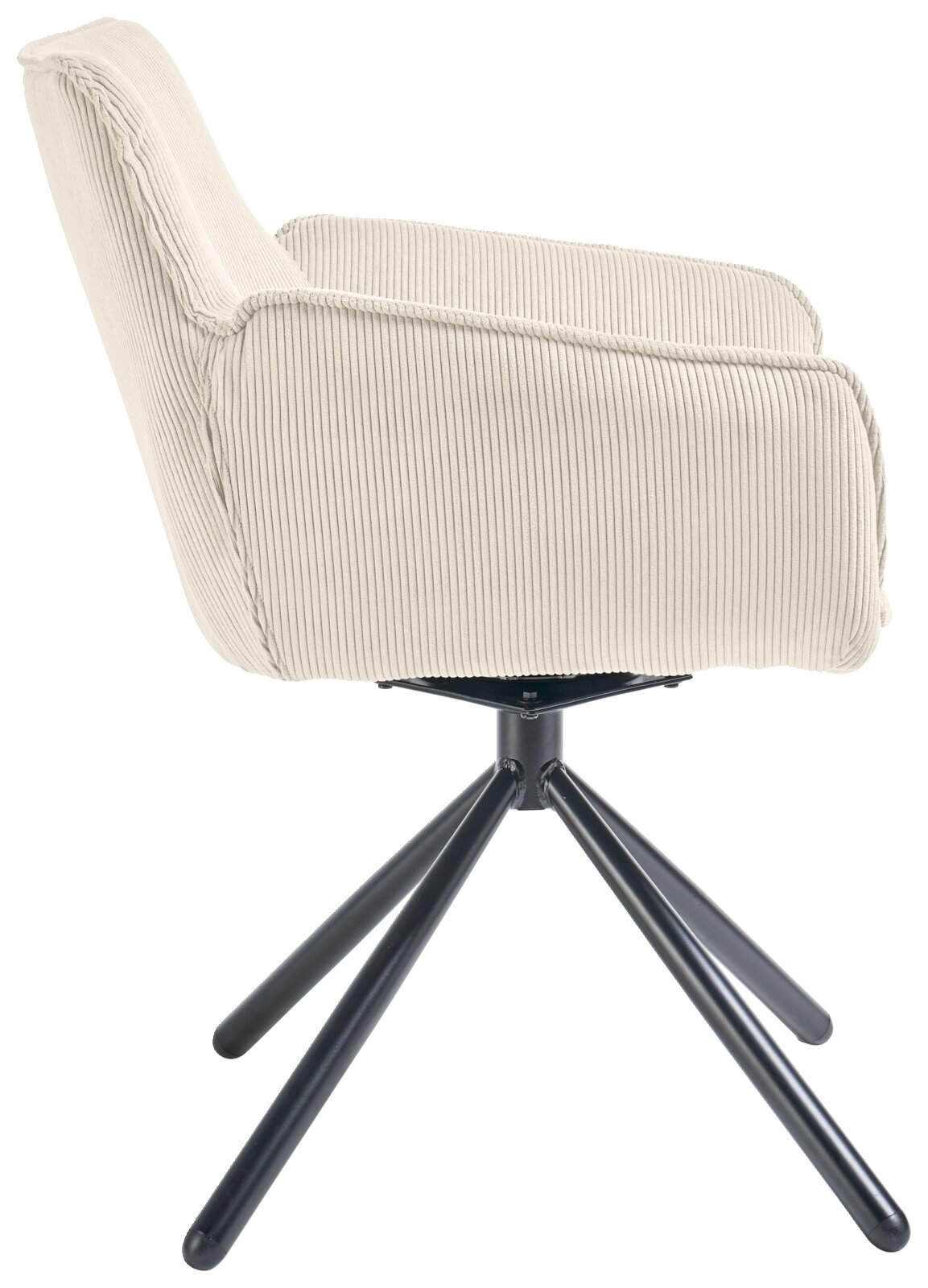 Zijaanzicht van een fauteuil met crèmekleurige, geribbelde stoffen bekleding en een zwart metalen frame.