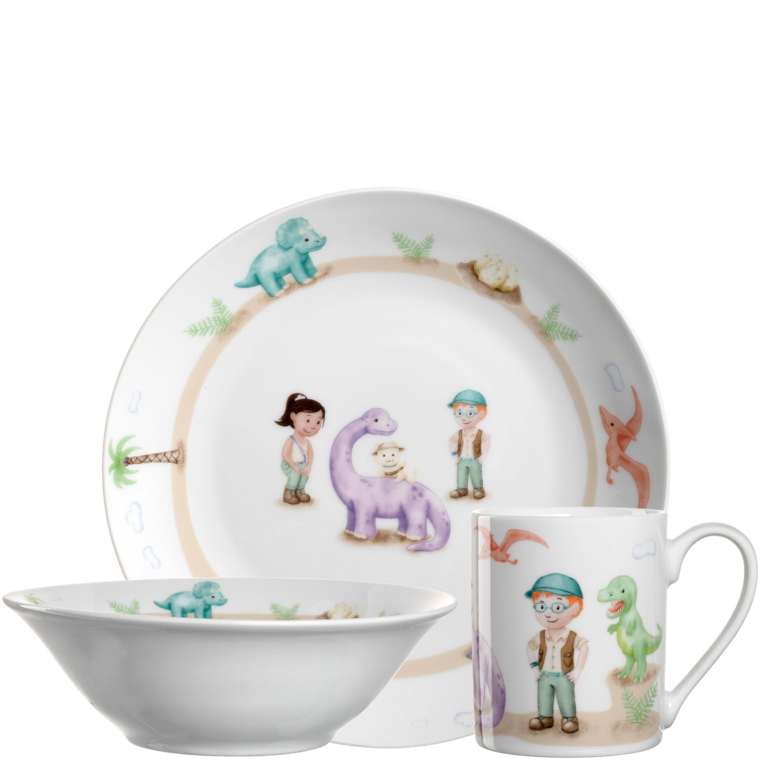 Kindergeschirrset mit Dinosaurier-Motiven, bestehend aus Teller, Schale und Tasse, aus der Vorderansicht.