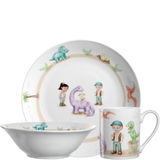 Kindergeschirrset mit Dinosaurier-Motiven, bestehend aus Teller, Schale und Tasse, aus der Vorderansicht.