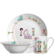 Kindergeschirrset mit Dinosaurier-Motiven, bestehend aus Teller, Schale und Tasse, aus der Vorderansicht.