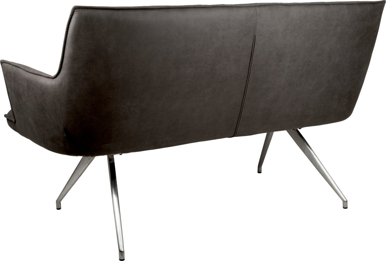 Rückansicht eines modernen 2-Sitzer-Sofas in Dunkelgrau mit glatter Polsterung und schrägen Metallbeinen, freigestellt auf weißem Hintergrund