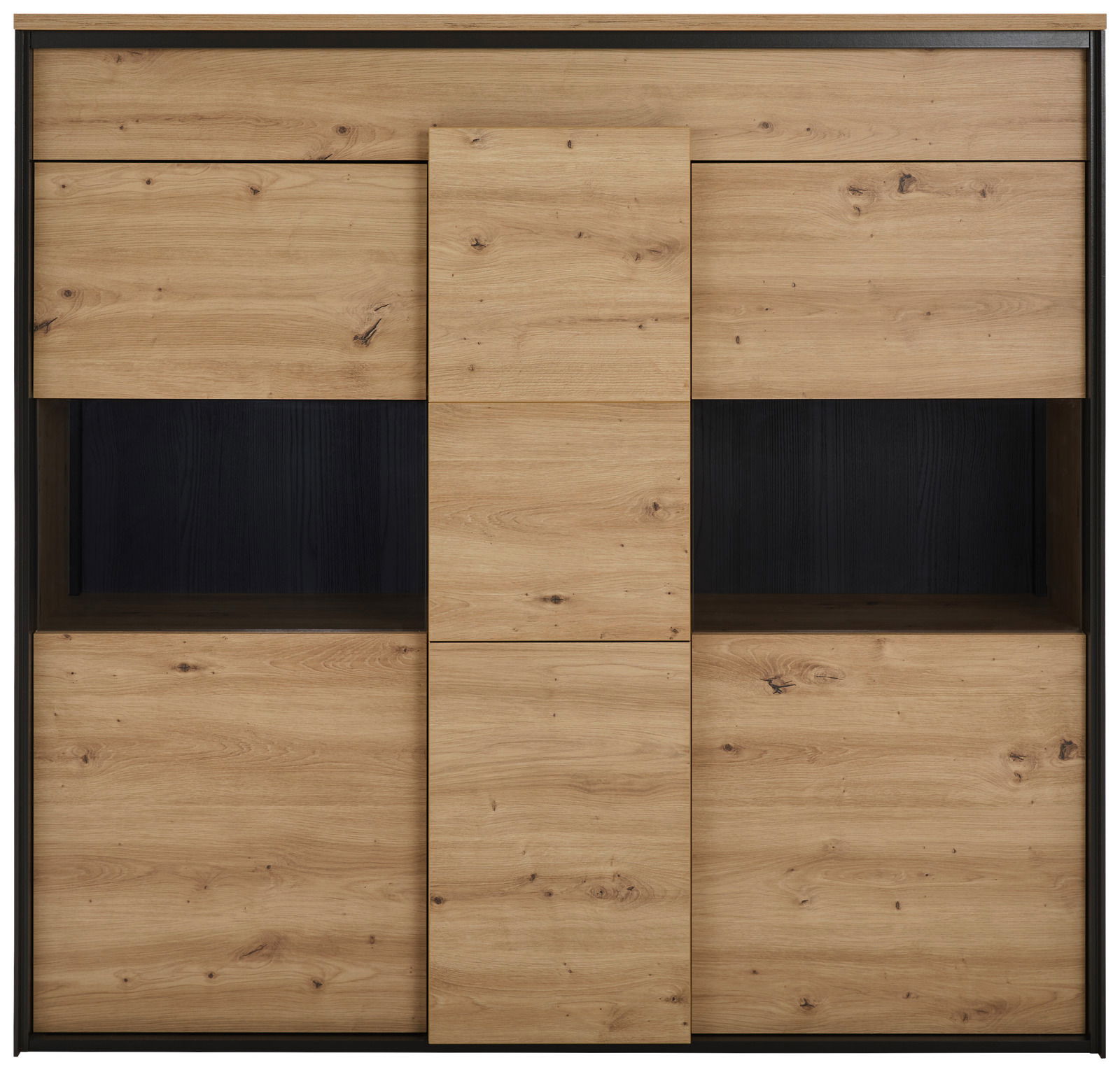 Frontale Ansicht eines modernen Highboards aus hellem Holz mit klaren Linien und natürlicher Maserung.