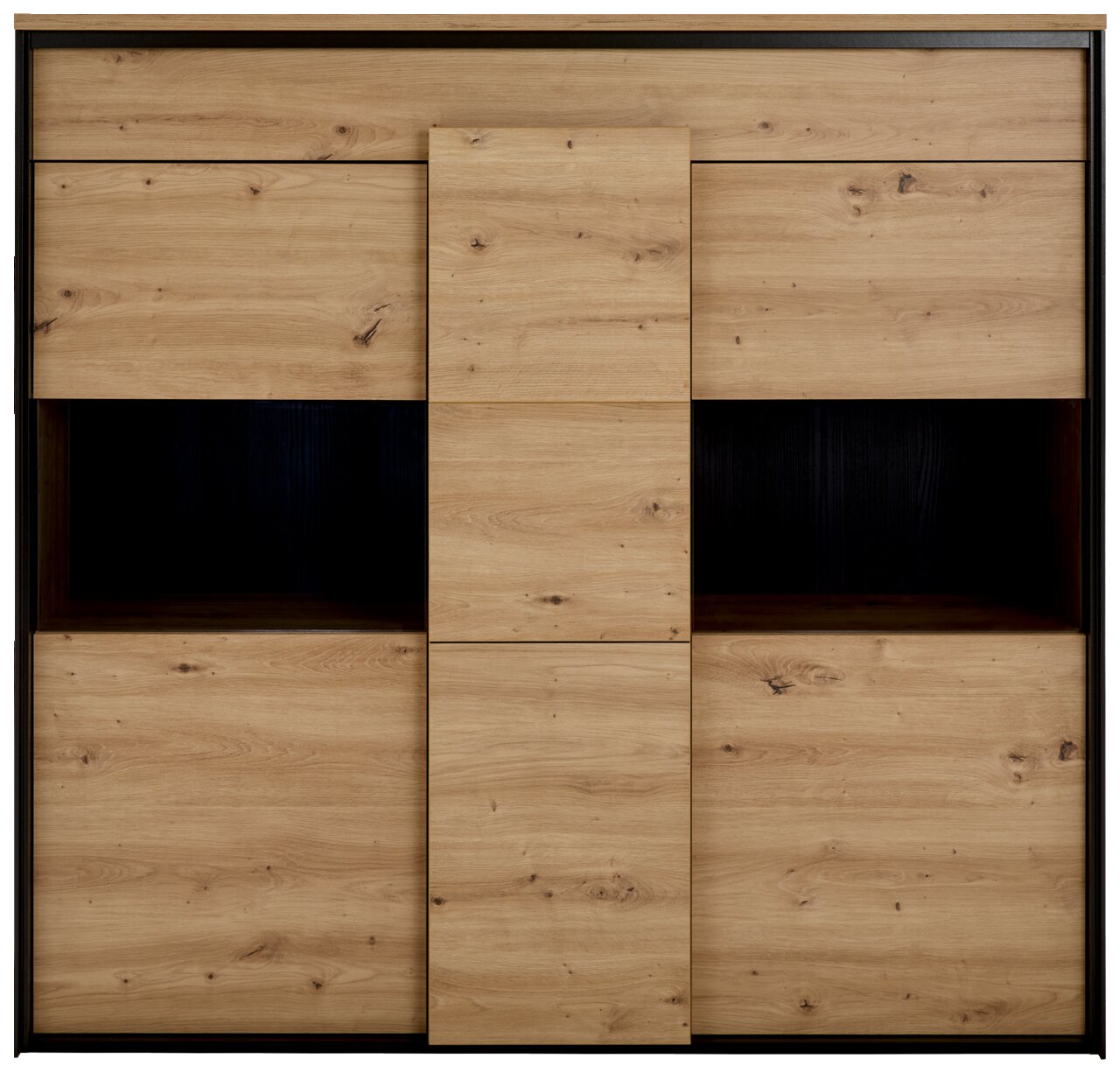 Frontale Ansicht eines modernen Highboards aus hellem Holz mit klaren Linien und natürlicher Maserung.