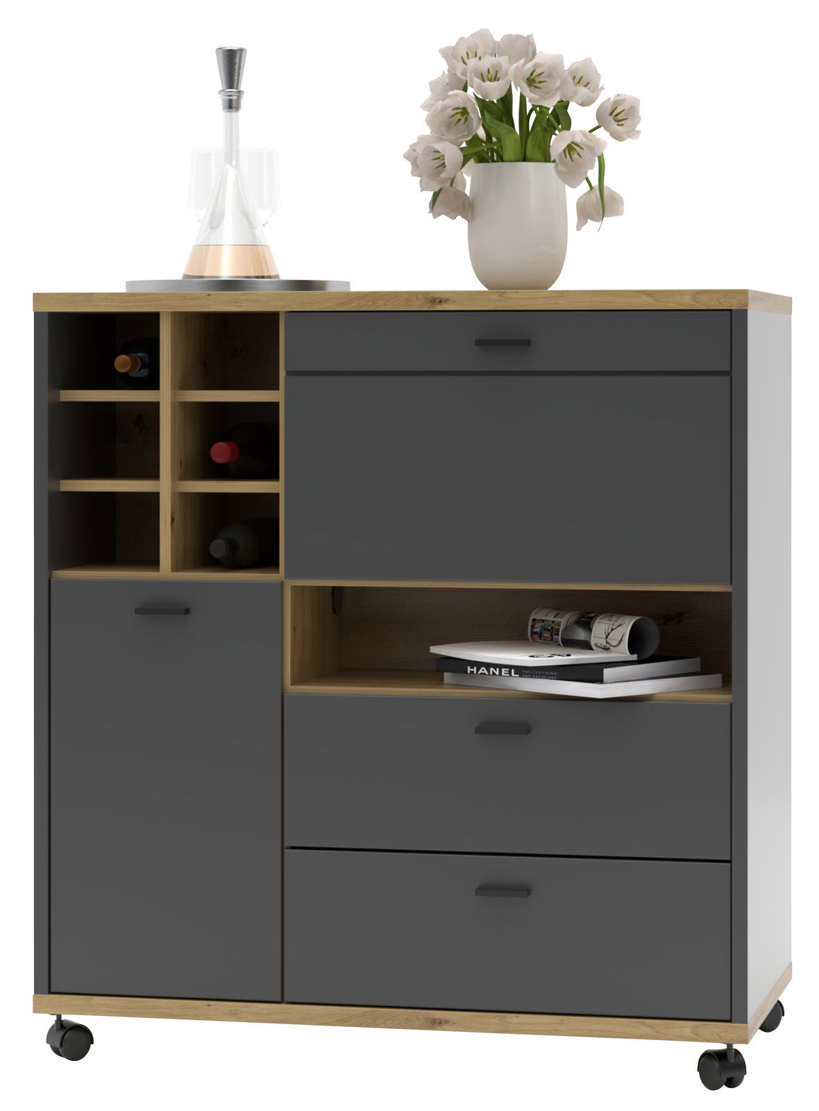 Stylife Combinatie-element voor ruimteverdeling RENO Moderner Raumteiler mit dunklen Schubladen und offenen Fächern, dekoriert mit einer Vase mit Blumen und einer Karaffe, auf Rollen für einfache Mobilität, Frontalansicht.
