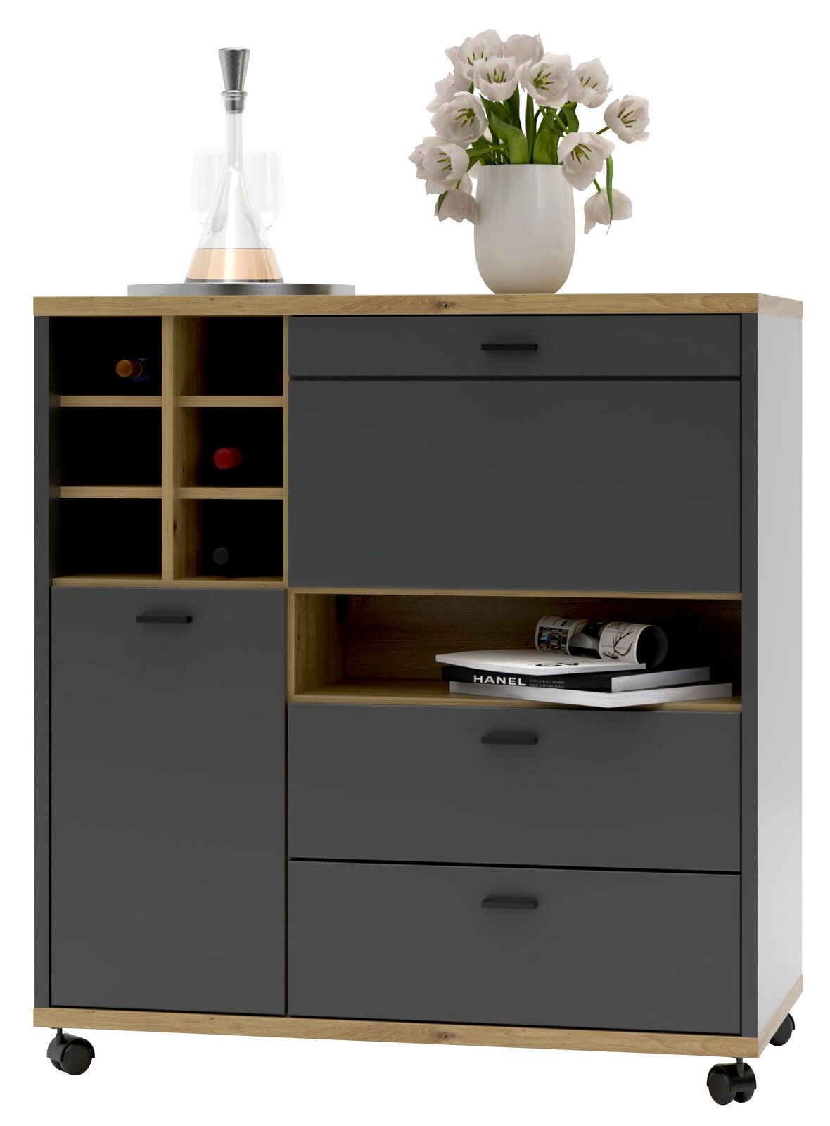 Stylife Raumteiler-Kombi-Element RENO Moderner Raumteiler mit dunklen Schubladen und offenen Fächern, dekoriert mit einer Vase mit Blumen und einer Karaffe, auf Rollen für einfache Mobilität, Frontalansicht.