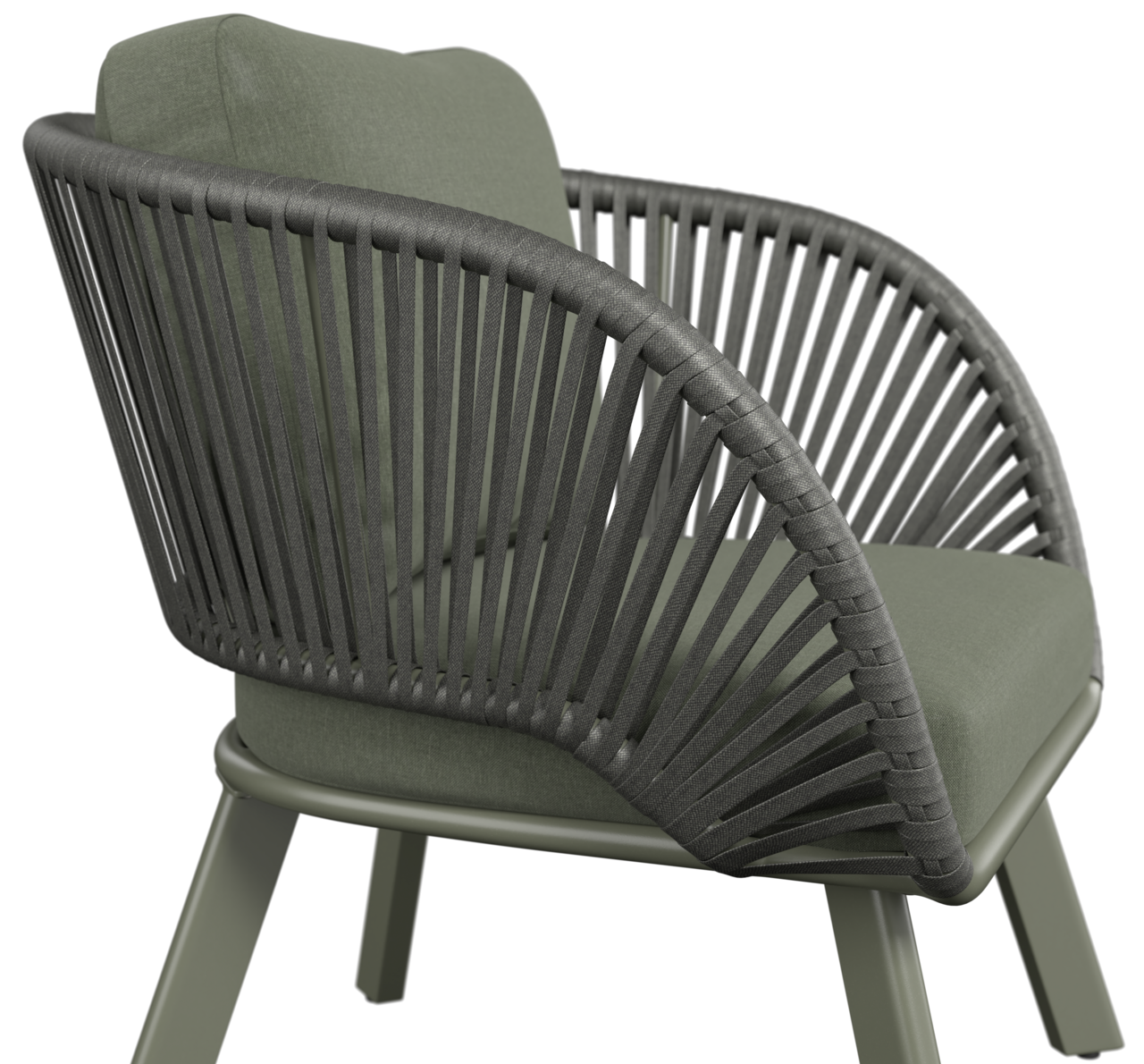 Moderner Loungesessel mit grünem Kissen und geflochtenem Seil-Design, seitliche Perspektive