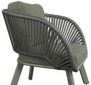 Moderner Loungesessel mit grünem Kissen und geflochtenem Seil-Design, seitliche Perspektive