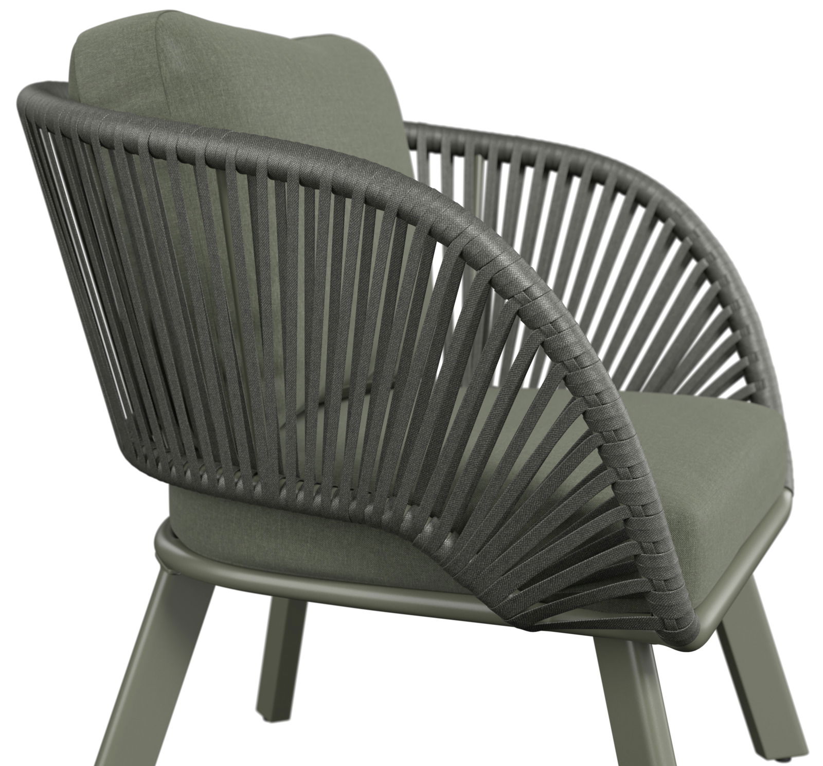 Moderner Loungesessel mit grünem Kissen und geflochtenem Seil-Design, seitliche Perspektive