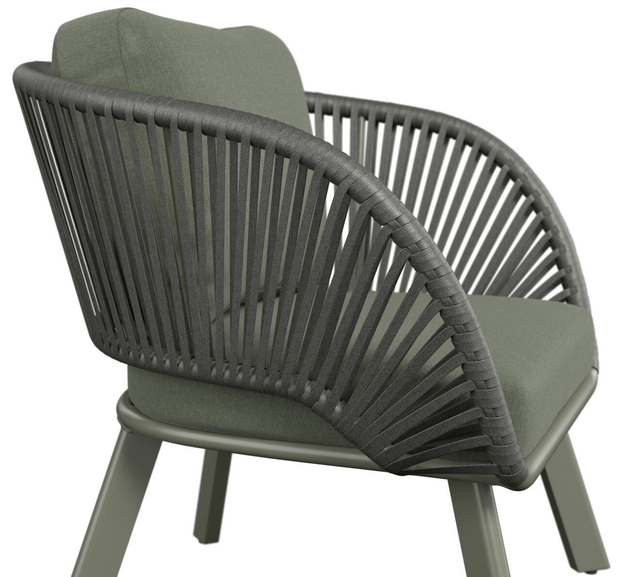 Moderne loungestoel met groen kussen en gevlochten touwmotief, zijaanzicht