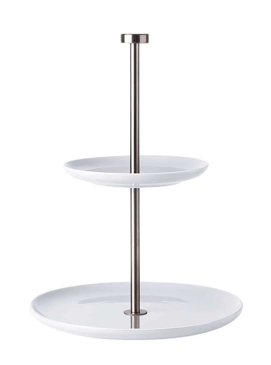 Zweistöckige Etagere aus weißem Porzellan mit Metallstange, seitliche Perspektive