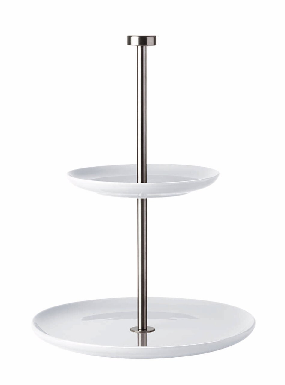 Zweistöckige Etagere aus weißem Porzellan mit Metallstange, seitliche Perspektive