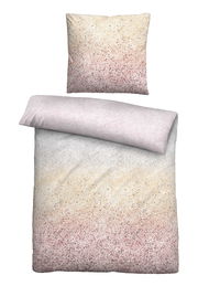 Bettwäsche-Set aus Satin in der Größe 135x200cm mit einem sanften Farbverlauf von Beige zu Rosa, Draufsicht