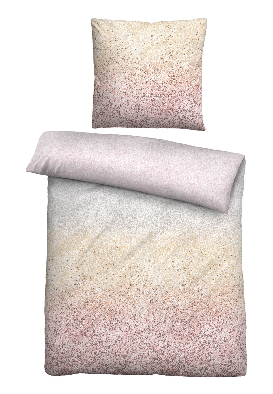 Bettwäsche-Set aus Satin in der Größe 135x200cm mit einem sanften Farbverlauf von Beige zu Rosa, Draufsicht