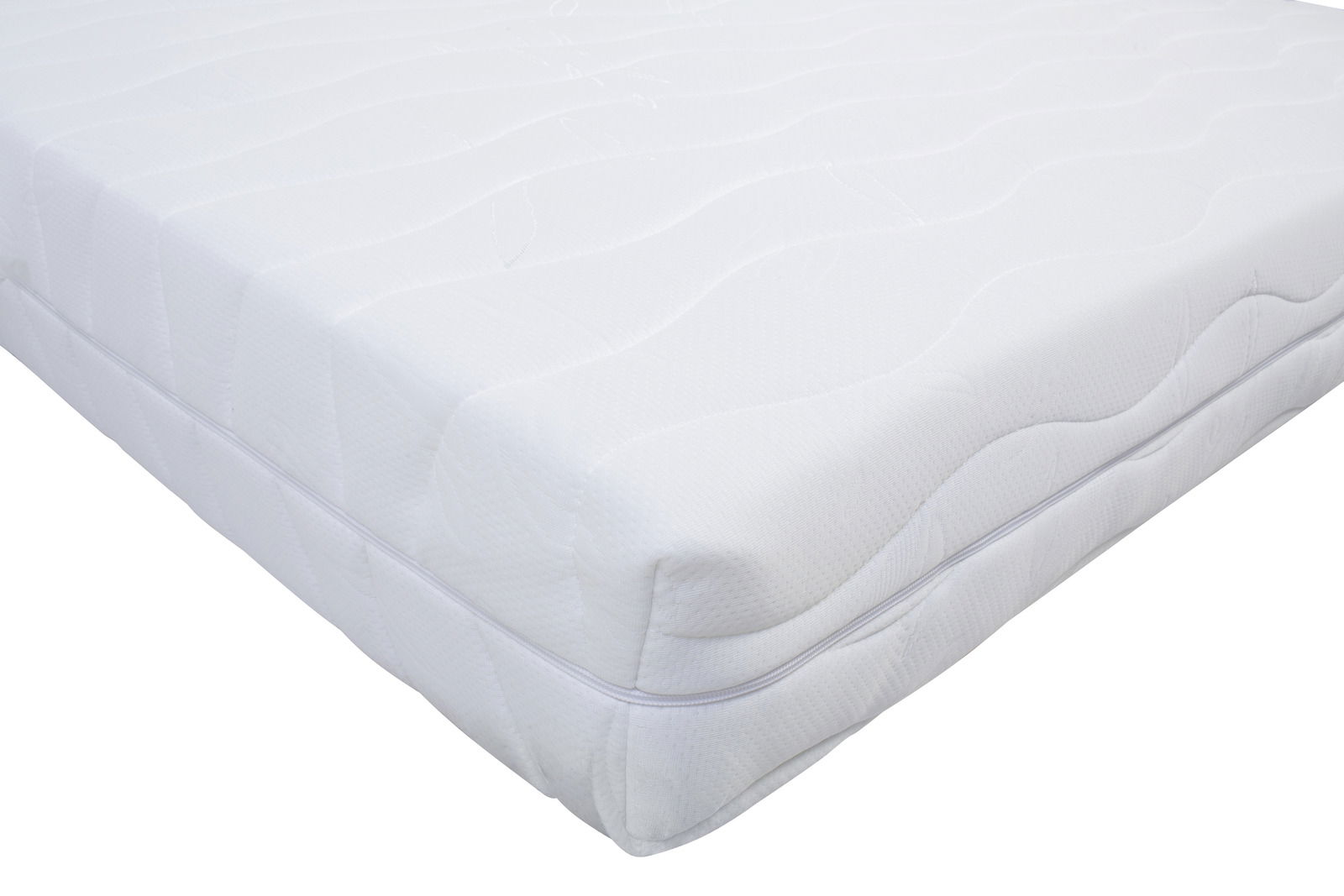 Nahaufnahme einer weißen Taschenfederkernmatratze mit wellenförmigem Muster, seitliche Perspektive