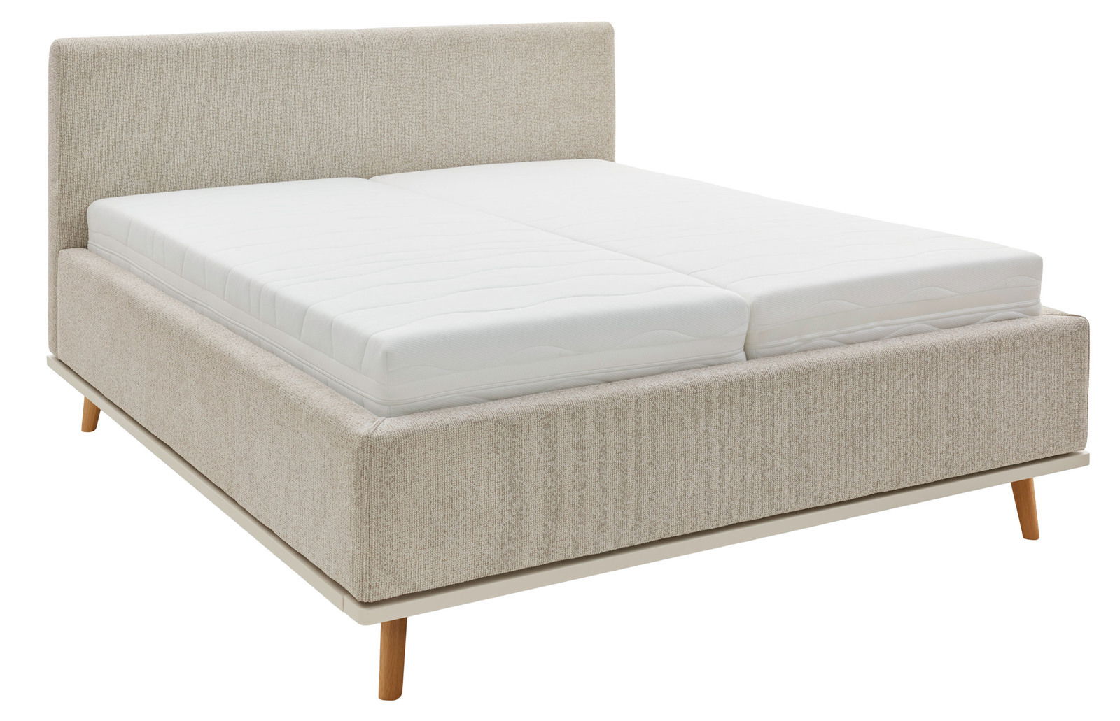 Beiges Polsterbett mit Holzfüßen, seitliche Perspektive