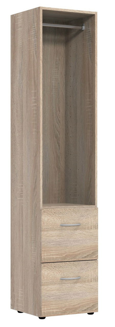 Holzregal mit zwei Schubladen und Kleiderstange, frontale Ansicht