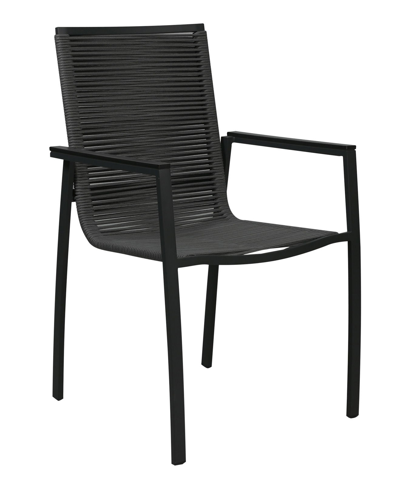 Moderner schwarzer Gartensessel mit Armlehnen, seitliche Perspektive