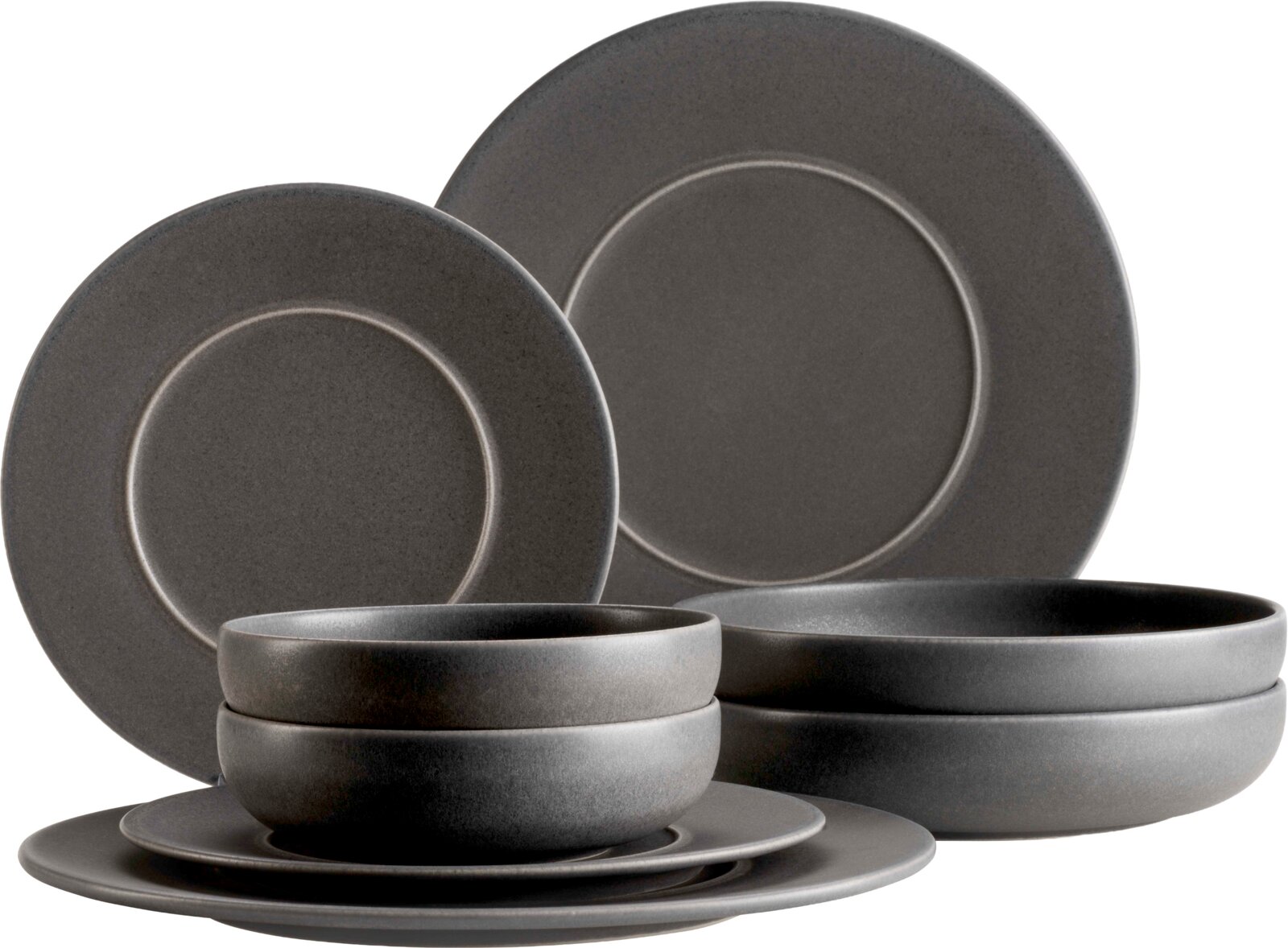 Mäser Kombiservice 8-tlg. UNICO Graues, mattes Geschirrset aus Tellern und Schalen in minimalistischer Optik, frontal in leichter Schrägansicht auf weißem Hintergrund