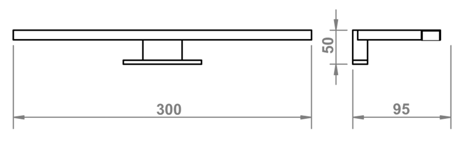 Technische Maßzeichnung einer Wandhalterung/Ausleger-Konsole: Vorderansicht mit 300 mm Länge und Seitenansicht mit 95 mm Ausladung sowie 50 mm Höhe, dargestellt in Frontal- und Seitenperspektive.