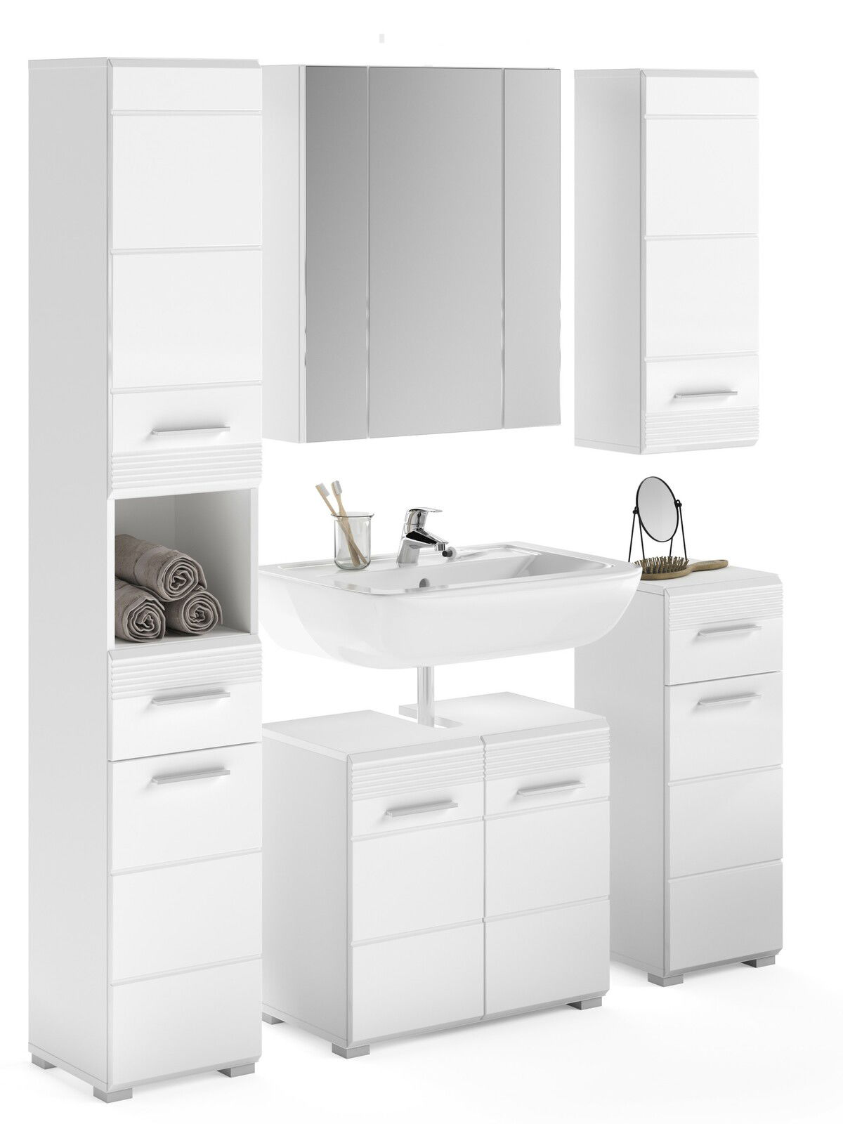 MID.YOU Badkombination LINUS Moderne weiße Badkombination mit Spiegel, Schränken und Waschbecken, frontal betrachtet.