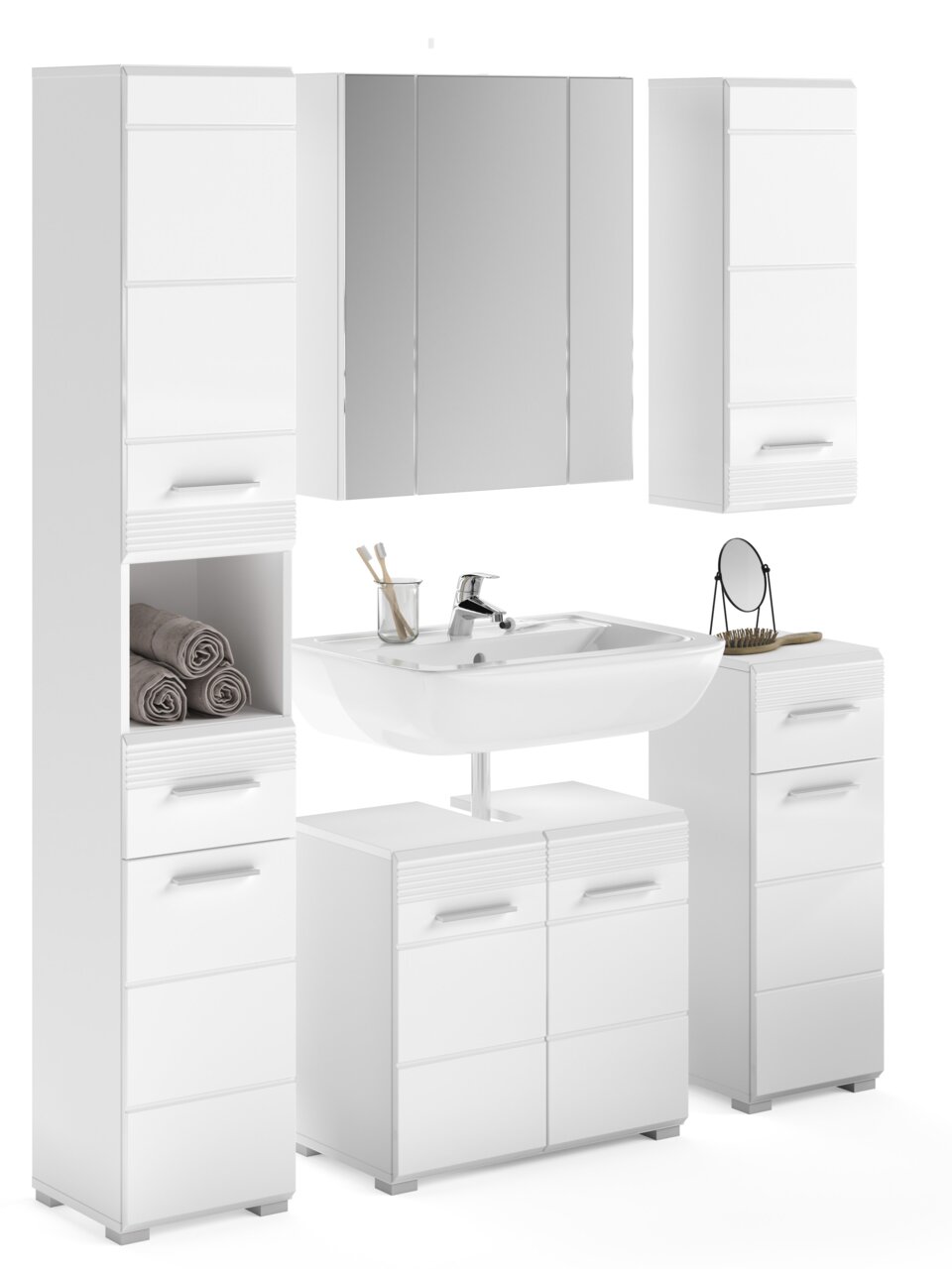 MID.YOU Badkombination LINUS Moderne weiße Badkombination mit Spiegel, Schränken und Waschbecken, frontal betrachtet.