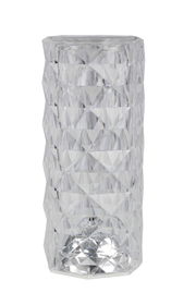 Transparente LED-Dekoleuchte mit facettiertem Design, seitliche Perspektive