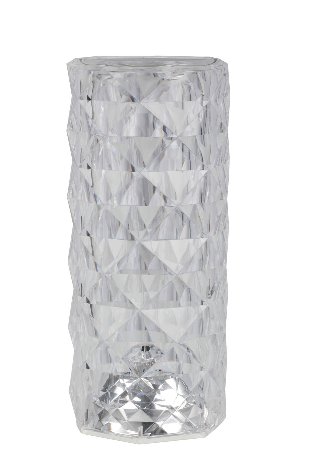 Transparente LED-Dekoleuchte mit facettiertem Design, seitliche Perspektive